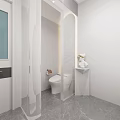 Modern Public Restroom Featuring White Toilet Marble Walls And Decorative Stand