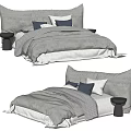 Modern Gray Double Bed With Soft Bedding Blue Pillows Gray Headboard And Stool 3d model
