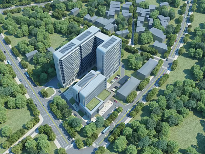 Modern Hospital Building Aerial View With Lush Green Trees And Surrounding Roads 3d model