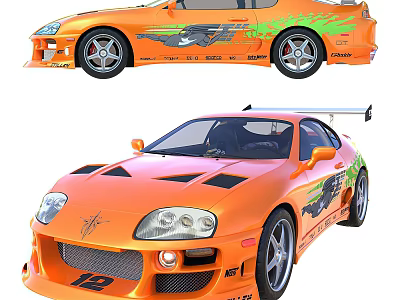 Orange Modified Sports Car With Flame Decals And Aerodynamic Parts 3d model