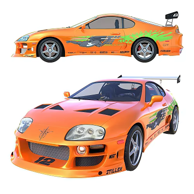 Orange Modified Sports Car With Flame Decals And Aerodynamic Parts 3d model
