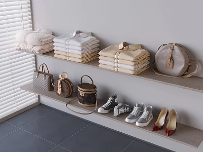 Stylish Storage Shelf with Fashionable Bags Folded Clothes and Shoes in Modern Room Corner 3d model