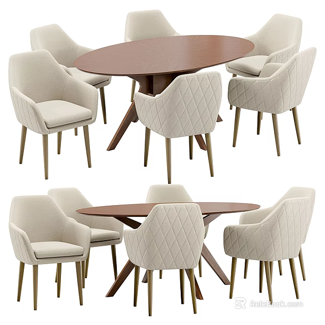 Elegant Dining Table Set With Round Wooden Top And Beige Upholstered Chairs 3d model 