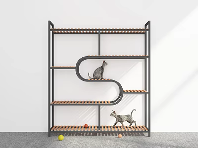 Multi Level S Shaped Cat Tree with Black Frame Wooden Platforms Cats and Colorful Balls 3d model
