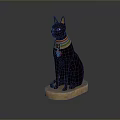 Egyptian Style Black Cat Statue With Colorful Collar On Stone Base