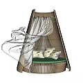 Modern Outdoor Chair with Conical Structure Green Cushion White Pillows and Transparent Curtains
