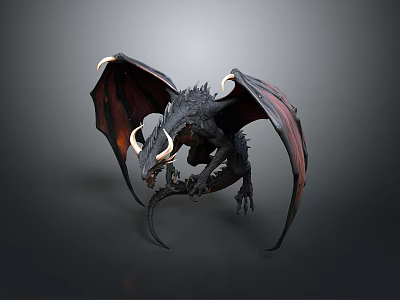 Majestic Black Dragon With Red Wings White Horns And Detailed Scales 3d model
