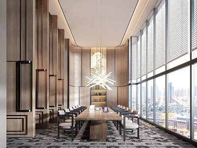 Elegant Modern Conference Room Interior With Long Table Chandelier Wooden Walls And City View Windows 3d model
