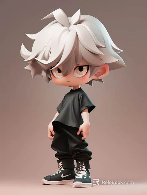 3D Cartoon Character Sculpture With Silver Gray Hair Black Outfit And Sad Expression 3d model 