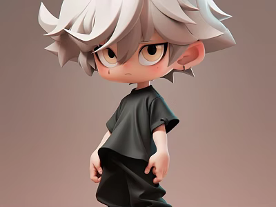 3D Cartoon Character Sculpture With Silver Gray Hair Black Outfit And Sad Expression 3d model