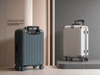 Stylish Designer Suitcases Dark Blue And White Striped Design With Rolling Wheels On Display Stand 3d model