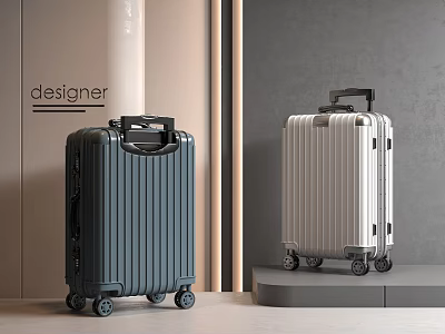 Stylish Designer Suitcases Dark Blue And White Striped Design With Rolling Wheels On Display Stand 3d model