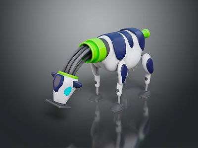 Mechanical Cow Robot Design With Blue White Body Green Parts And Reflective Surface 3d model