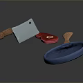 Silver Kitchen Knife Red Round Object And Blue Pan With Wooden Handles
