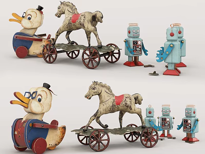 Vintage Duck Horse And Robot Toys With Carriage On Wheels 3d model