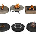 Various Designed Fire Pits In Concrete Metal Stone With Burning Flames