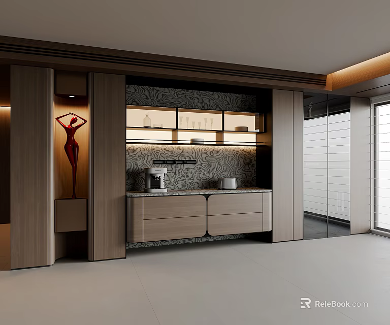 Modern Living Room Sideboard With Wooden Cabinet Sculpture And Textured Wall 3d model 