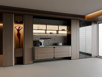 Modern Living Room Sideboard With Wooden Cabinet Sculpture And Textured Wall 3d model