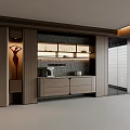 Modern Living Room Sideboard With Wooden Cabinet Sculpture And Textured Wall