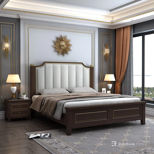 Elegant Double Bed With White Upholstered Headboard Dark Wooden Frame Gold Accents Nightstands Table Lamps 3d model 