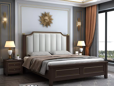 Elegant Double Bed With White Upholstered Headboard Dark Wooden Frame Gold Accents Nightstands Table Lamps 3d model
