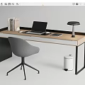 Modern Wooden Desk With Laptop Books Lamp Gray Chair And Black Legs