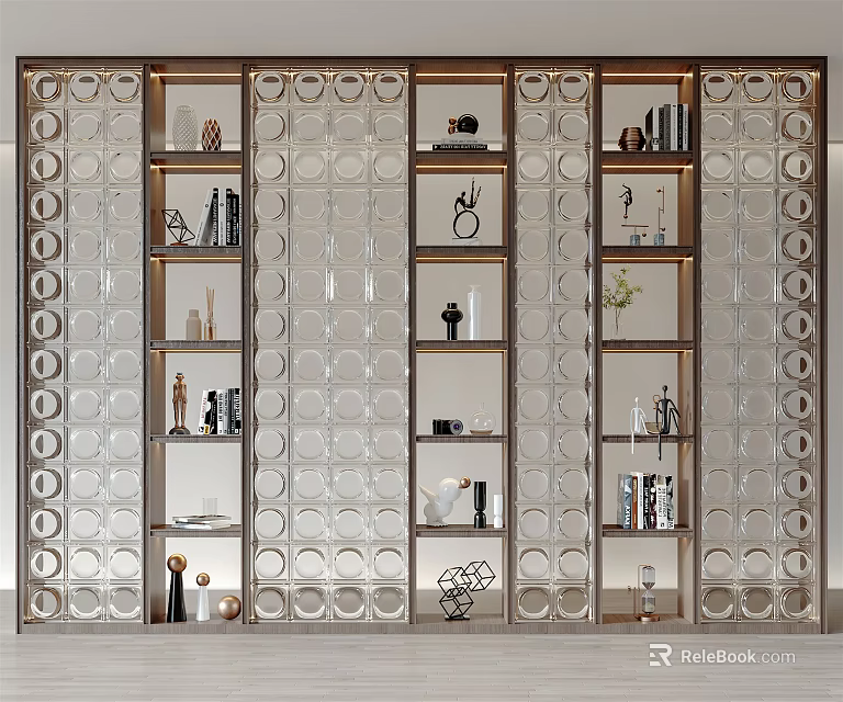 Modern Bookcase With Metal Frame Glass Panels Circular Decorative Patterns And Ornaments 3d model 