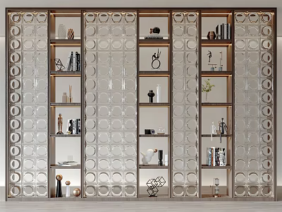 Modern Bookcase With Metal Frame Glass Panels Circular Decorative Patterns And Ornaments 3d model