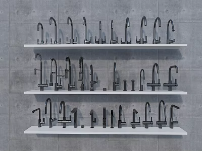 Various Modern Faucets Arranged on White Shelves Against Gray Concrete Wall 3d model