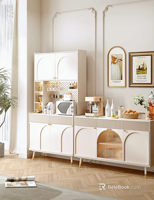 Modern White Sideboard With Gold Handles Open Shelves Microwave Coffee Machine And Decorative Items 3d model 