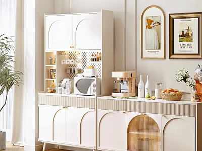 Modern White Sideboard With Gold Handles Open Shelves Microwave Coffee Machine And Decorative Items 3d model