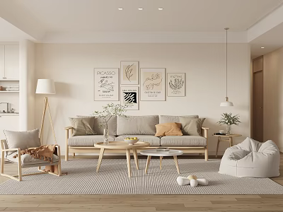 Minimalist Living Room Interior With Wooden Sofa Coffee Table Area Rug And Wall Art 3d model