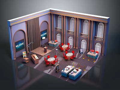 Cartoon Scene of Vintage Interior with Arched Windows Columns Red Tables and Bar Counter 3d model