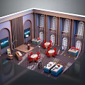 Cartoon Scene of Vintage Interior with Arched Windows Columns Red Tables and Bar Counter
