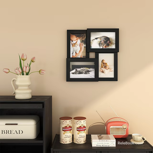 Decorative Black Photo Frames Arranged On Beige Wall With Vase Flowers Vintage Radio And Cabinet 3d model 