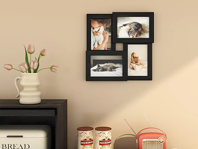 Decorative Black Photo Frames Arranged On Beige Wall With Vase Flowers Vintage Radio And Cabinet 3d model