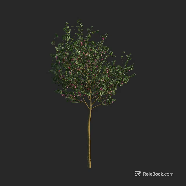 Single Arbor Tree with Green Leaves Pink Flowers and Yellow Trunk on Dark Background 3d model 