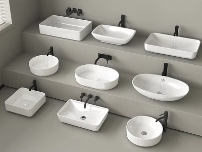 Various Shapes White Ceramic Washbasins on Display Steps With Black Faucets 3d model