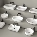 Various Shapes White Ceramic Washbasins on Display Steps With Black Faucets 3d model
