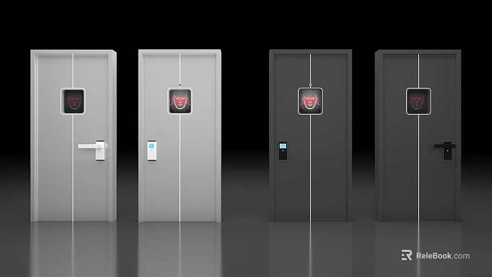 Four Gray And Dark Gray Security Doors With Electronic Lock And Red Recognition Panel 3d model
