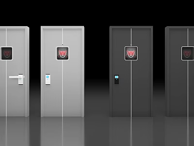 Four Gray And Dark Gray Security Doors With Electronic Lock And Red Recognition Panel 3d model