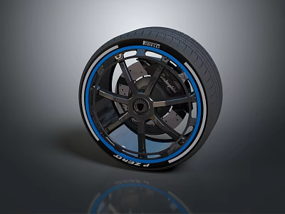 Modern Car Tire With Black Alloy Wheel And Blue Decorative Accent Stripes 3d model