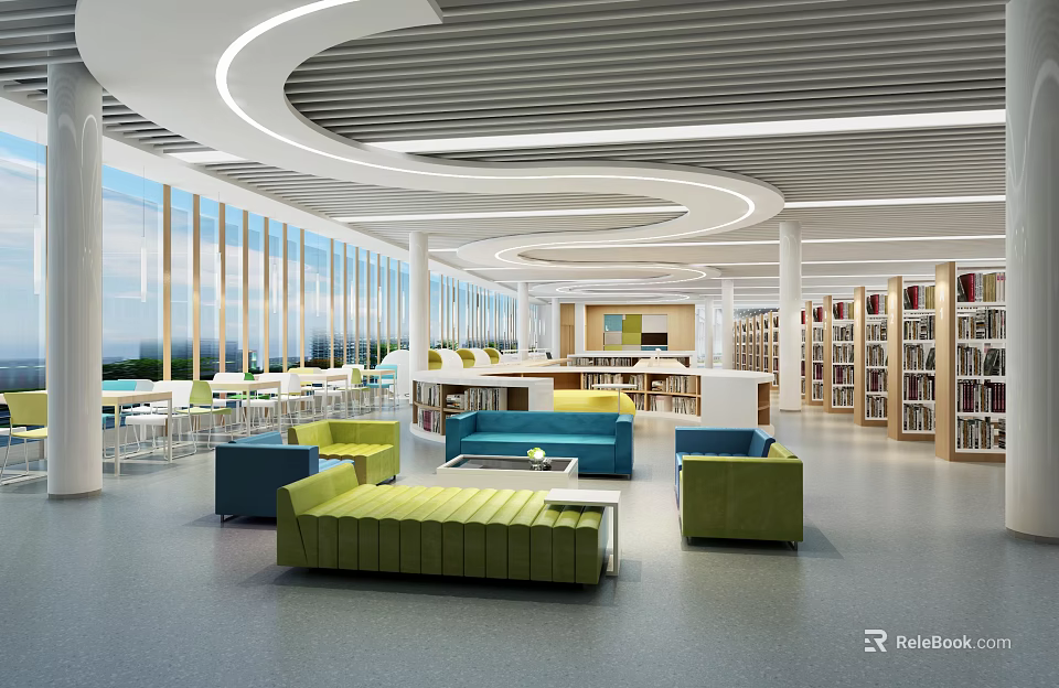 Modern Library Interior Design With Bright Sofas Bookshelves And Large Windows 3d model