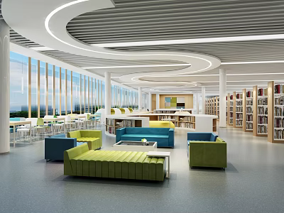 Modern Library Interior Design With Bright Sofas Bookshelves And Large Windows 3d model