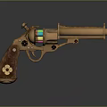 Vintage Brass Revolver with Wooden Grip Engraved Pattern and Glowing Components Steampunk Inspired Design