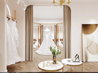 Elegant Bridal Shop With White Wedding Dresses Hangers Chandelier Mirrors Green Plant And High Heels 3d model
