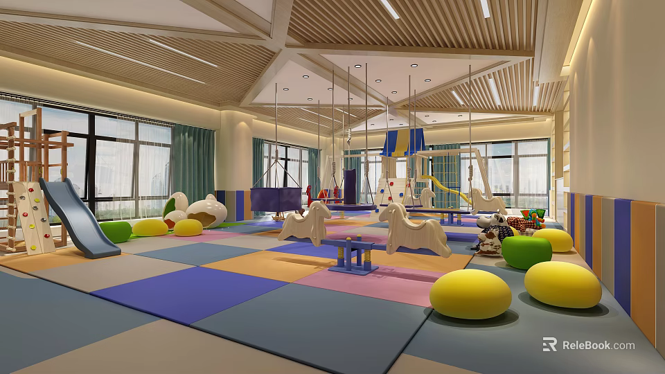 Kindergarten Indoor Play Area With Colorful Mats Rocking Horses Swings Slide And Large Windows 3d model 