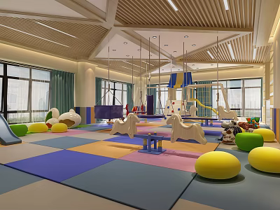 Kindergarten Indoor Play Area With Colorful Mats Rocking Horses Swings Slide And Large Windows 3d model
