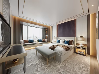 Modern Hotel Room Interior With Large Bed Sofa TV Window And Patterned Carpet 3d model