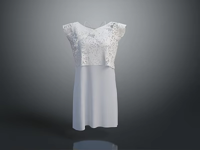 White Short Sleeved Dress With Elegant Lace Top Design And Flowy Skirt 3d model